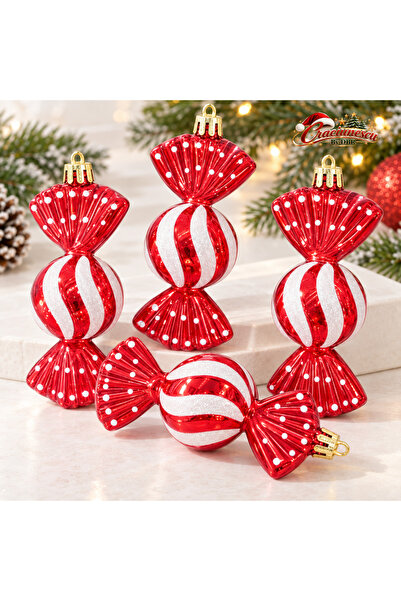 Craciunescu By DBR Christmas Ornaments, 4 Red-White Candies with a Shiny Look -