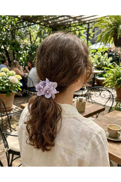 LİNACO Floral Rubber Band Set - Pearlized Hydrangea Pattern Hair Tie