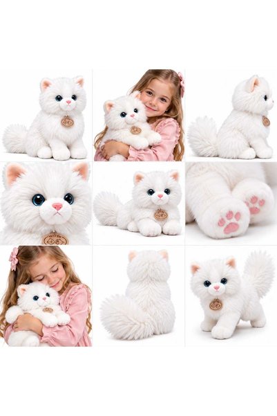 MASHASHOP Pisică de pluș realistă, moale și pufoasă, albă, 30 cm