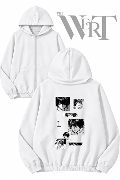 THEWERT سترة بيضاء بقلنسوة وسحاب مطبوع عليها ملصق Death Note L (خيطان)