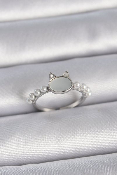 Eldenör Silver-Toned Rice-Shaped Adjustable White Enamel Cat-Design Pearl-Det...