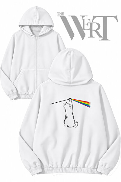 THEWERT Lustige Katze Rock Back Printed Zippered Hooded White Cardigan (2 Yarns)