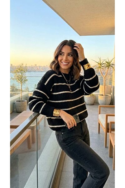 İLMERA سترة نسائية سوداء منسوجة بخطوط سيلانيك كبيرة الحجم