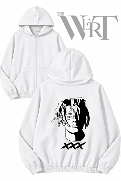THEWERT سترة بيضاء بقلنسوة وسحاب مطبوعة من الخلف من Xxxtentacion Tribute (2 خيط)