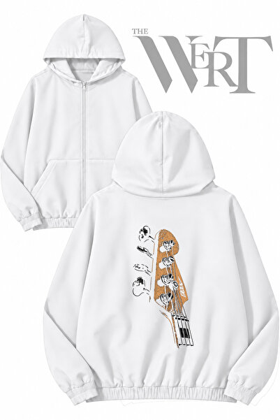 THEWERT Guitar Chord Back Printed Zippered Hooded White Cardigan (2 Yarns)