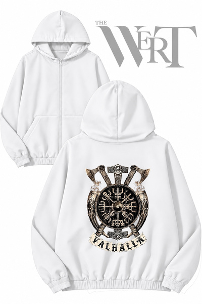 THEWERT سترة Valhalla Balta Hammer Viking ذات طباعة على الظهر وسحّاب وقلنسوة ...