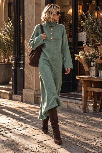 ibeeka Îmbrăcăminte pentru femei Sezon nou Rochie tricotată verde moale cu gu...