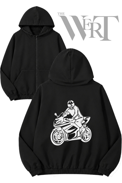 THEWERT Racing Motorcycle Riding Man Back Printed Zippered Hooded Black Cardi...