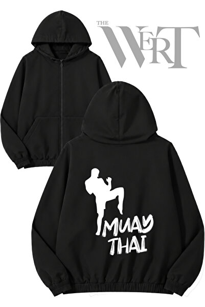 THEWERT Muay Thai_2 Back Printed Zippered Hooded Black Cardigan (2 Yarns)