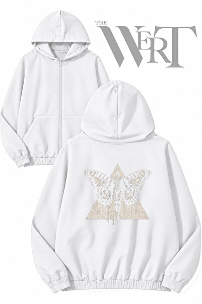 THEWERT Butterfly Man Back Printed Zippered Hooded White Cardigan (2 Yarns)