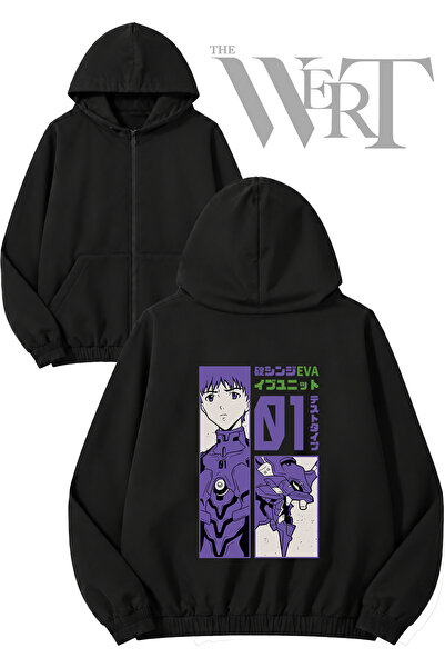 THEWERT Neon Genesis Evangelion 3 Back Printed Zippered Hooded Black Cardigan...
