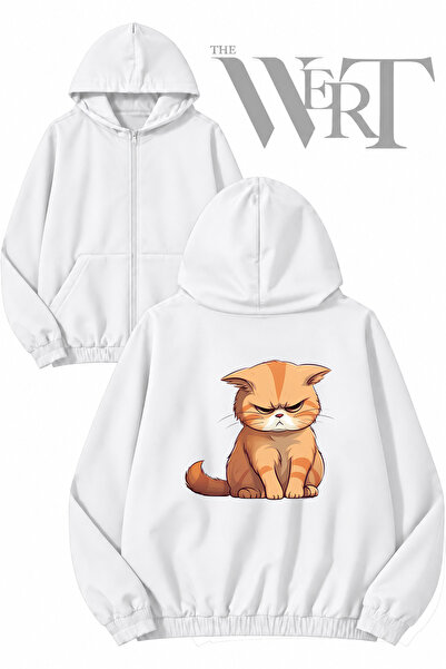 THEWERT سترة بيضاء بقلنسوة وطباعة على الظهر من Angry Cat (2 خيط)