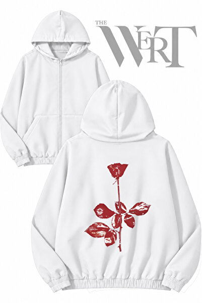 THEWERT Depeche Mode 4 Back Printed Zippered Hooded White Cardigan (2 Yarn)