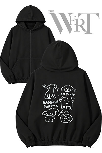 THEWERT Saltfish Puppy Back Printed Zippered Hooded Black Cardigan (2 Yarns)