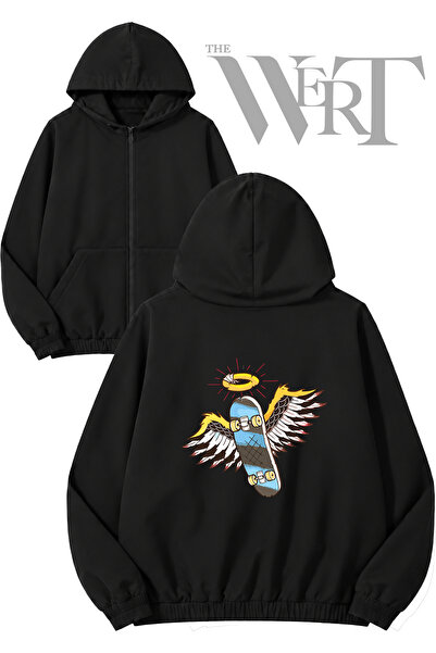 THEWERT Angel Skateboard Back Printed Zippered Hooded Black Cardigan (2 Yarns)