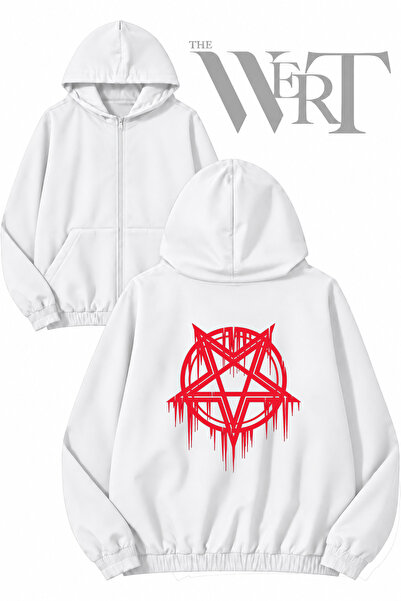THEWERT Devil Logo Crveni leđni otisak, bijeli kardigan sa kapuljačom i rajsf...