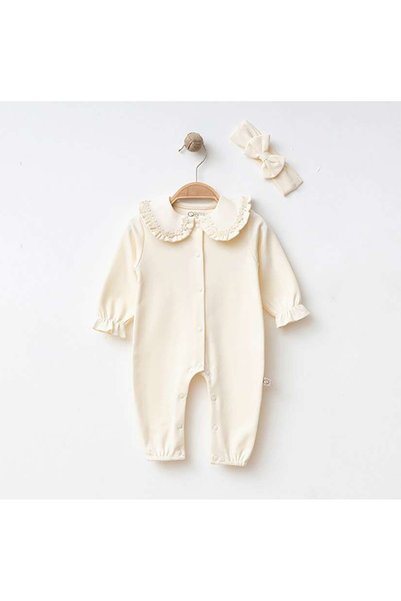 Lulu Cotton Papatya Yaka Dantelli Bebek Tulum ve Bandana Takımı