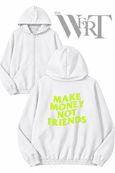 THEWERT Make Money Not Friends Back Printed Zippered Hooded White Cardigan (2...
