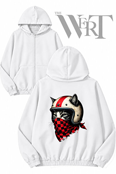 THEWERT Cat Biker Back Printed Zippered Hooded White Cardigan (2 Yarns)