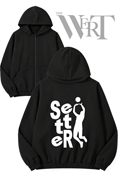 THEWERT Volleyball Setter Back Printed Zippered Hooded Black Cardigan (2 Yarns)