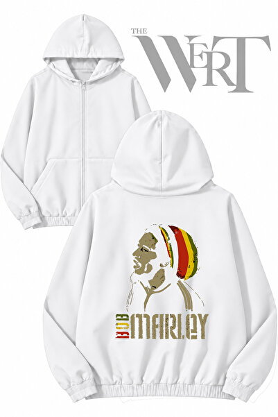 THEWERT Bob Marley Colorful Beanie Back Printed Zippered Hooded White Cardiga...