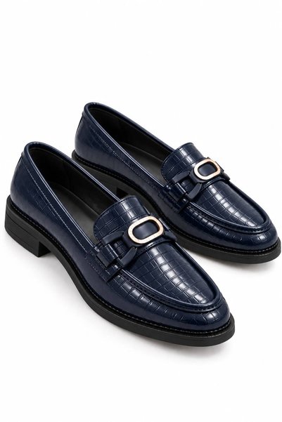 derim shoes Kadın Lacivert Kroko Desenli Tokalı Loafer Ayakkabı Kalın Siyah T...
