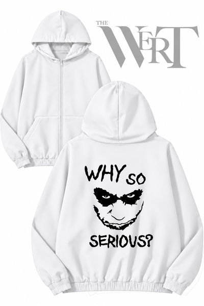 THEWERT سترة بيضاء بقلنسوة وسحاب وطباعة على الظهر من Why So Serious (2 خيط)