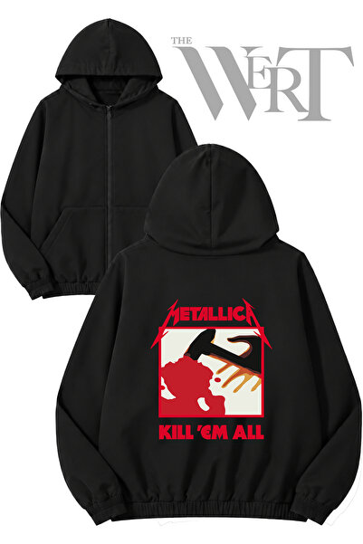THEWERT Cardigan negru cu glugă și fermoar, imprimat pe spate, Metallica Kill...