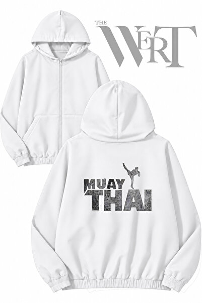 THEWERT سترة بيضاء بقلنسوة وسحاب وطباعة على الظهر من Muay Thai (خيطان)