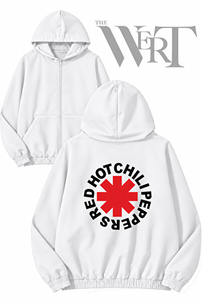 THEWERT Red Hot Chilli Back Printed Zippered Hooded White Cardigan (2 Yarn)