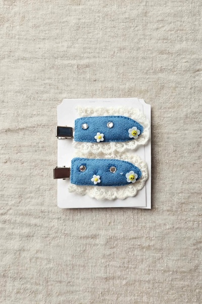 LİNACO Set of 2 Blue Denim Girls' Hair Clips - Daisy Figured Lace and Stone H...