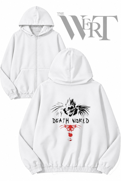 THEWERT Horror Fiend Cardigan alb cu glugă și fermoar, cu imprimeu în spate (...