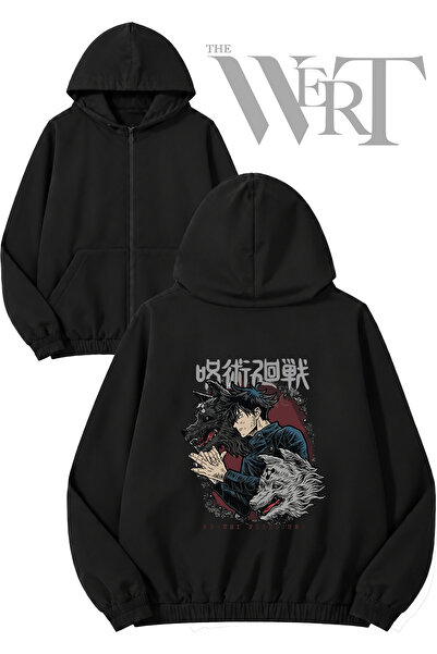 THEWERT Megumi Fushiguro Wolf Anime Back Printed Zippered Hooded Black Cardig...