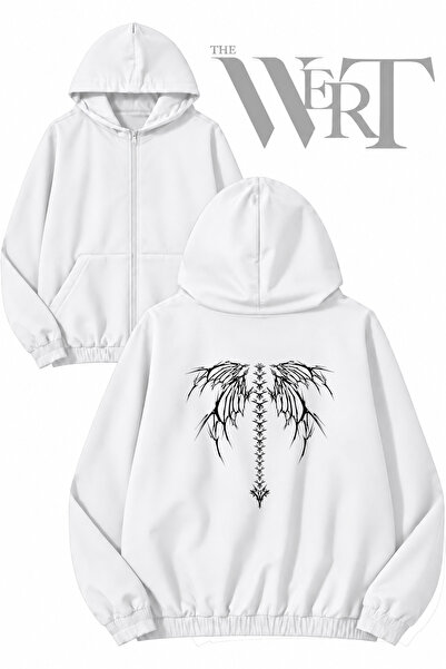 THEWERT Winged Skeleton Back Print Zippered Hooded White Cardigan (2 Yarns)