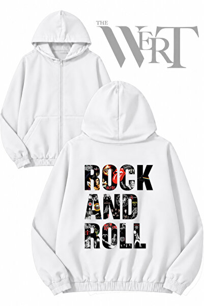 THEWERT سترة بيضاء بقلنسوة وسحاب مطبوع عليها عبارة Rock Is Life Rock And Roll...