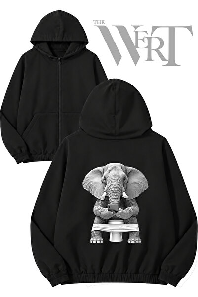 THEWERT Elephant Toilet Back Printed Zippered Hooded Black Cardigan (2 Yarns)