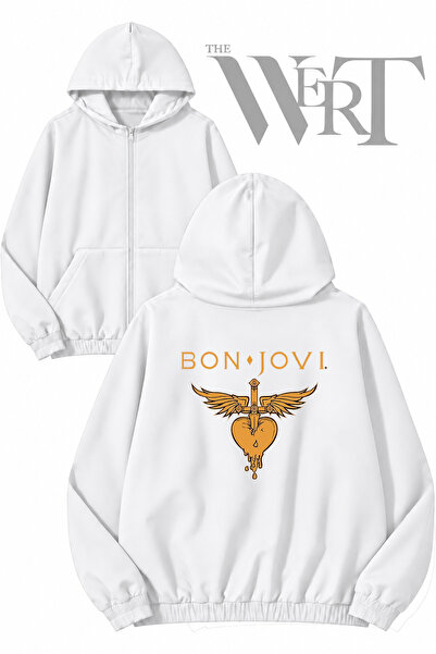 THEWERT سترة بيضاء بقلنسوة وسحاب وطباعة على الظهر من Bon Jovi (2 خيط)