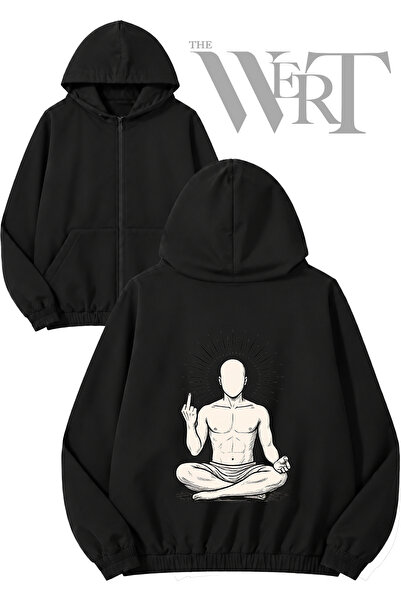THEWERT Punk Buddha Back Printed Zippered Hooded Black Cardigan (2 Yarns)