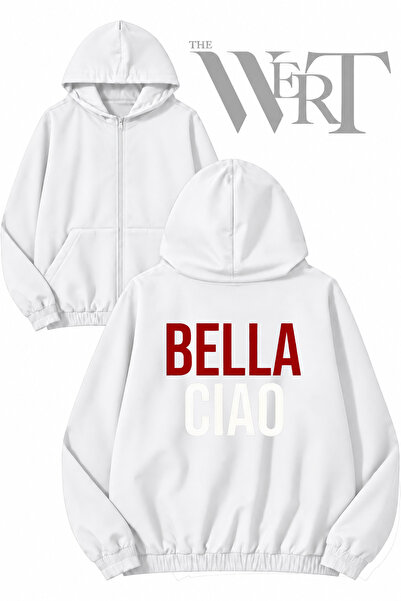 THEWERT سترة بيضاء بقلنسوة وسحاب وطبعة خلفية من Bella Ciao (خيطان)