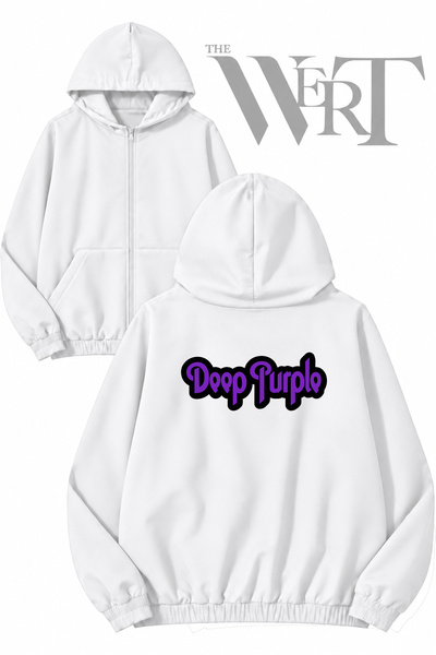 THEWERT Deep Purple Ö Back Printed Zippered Hooded White Cardigan (2 Yarns)