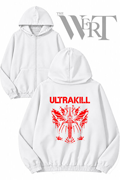 THEWERT سترة بيضاء بقلنسوة وسحاب وطباعة خلفية من Ultrakill 4 (خيطان)