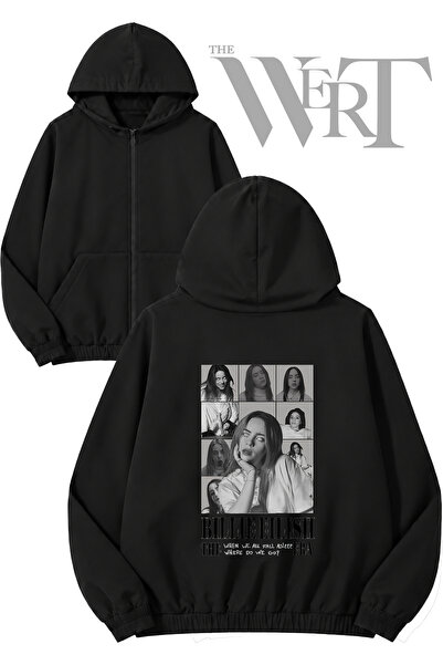 THEWERT Cardigan negru cu glugă și fermoar, imprimat pe spate, Billie Eilish ...