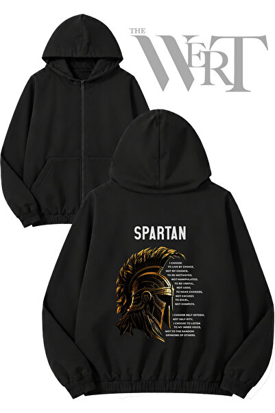 THEWERT Spartan Helmet Back Printed Zippered Hooded Black Cardigan (2 Yarns)