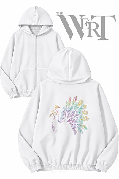 THEWERT Peacock Back Printed Zippered Hooded White Cardigan (2 Yarns)