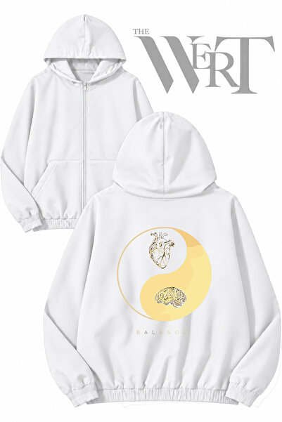 THEWERT Balance Heart and Brain Back Printed Zippered Hooded White Cardigan (...