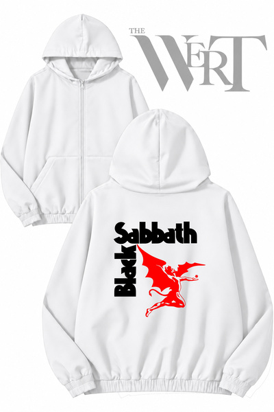 THEWERT كارديجان أبيض بقلنسوة وسحاب وطباعة خلفية من Black Sabbath 1 (2 خيط)
