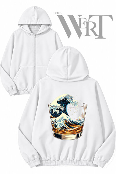 THEWERT Cardigan alb cu glugă și fermoar, imprimat pe spate cu Kanagawa Whisk...