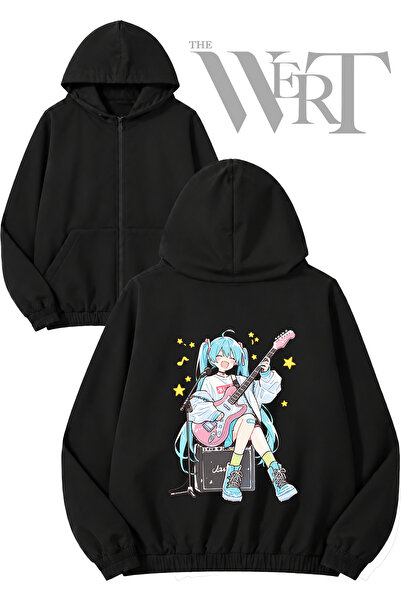 THEWERT Hatsune Miku_15 Cardigan negru cu glugă și fermoar imprimat pe spate ...