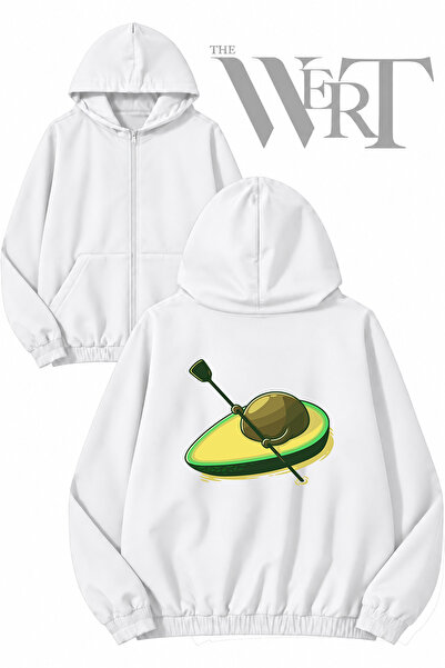 THEWERT Floating Avocado Back Printed Zippered Hooded White Cardigan (2 Yarns)