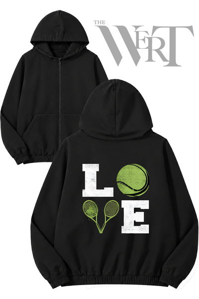 THEWERT Tennis Love Back Printed Zippered Hooded Black Cardigan (2 Yarns)